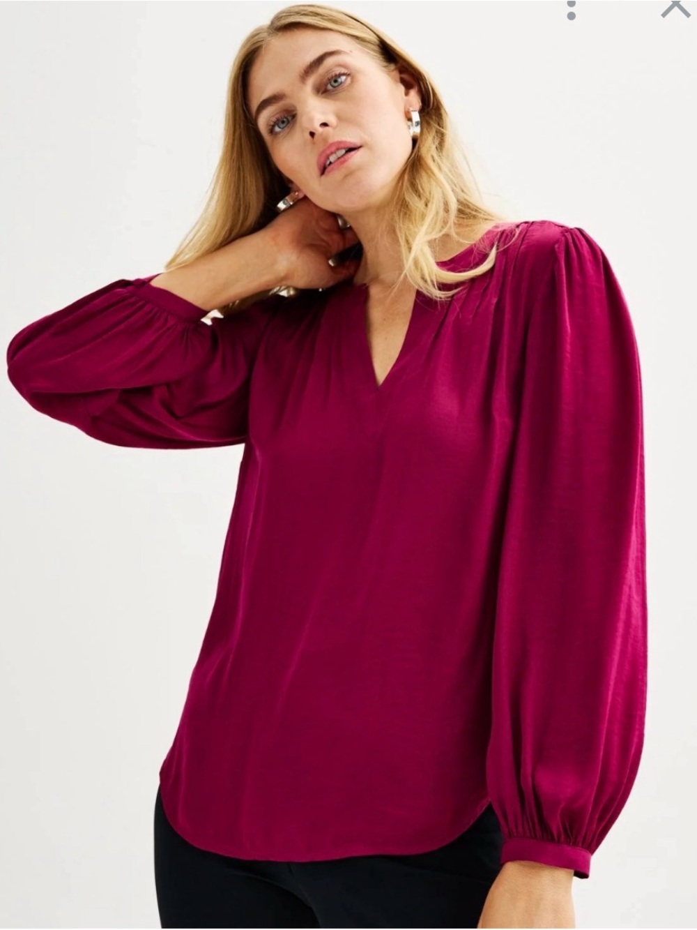 Nine West Magenta V-Neck Long Sleeve Blouse